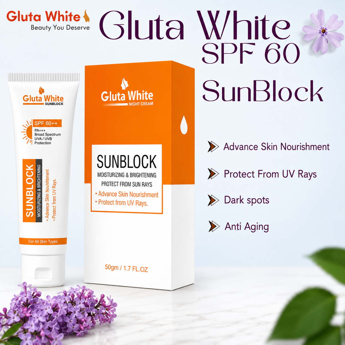 Gluta White Skin Whitening SPF60 Sunblock